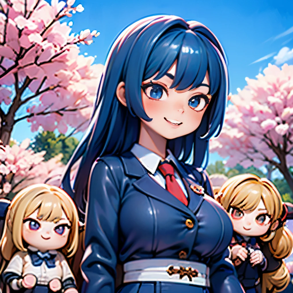 8K quality:1.5,High quallity,high resolution,photograph,cherry blossoms,(1体のDolls,2 headsキャラクタ:1.2),1 girl doll,(figure:1.5,Dolls),cute,smile,blue sky,((2 heads,Big face)),cherry blossoms柄の洋服,Upper body,Big breasts hidden under clothes,Wear all over the body