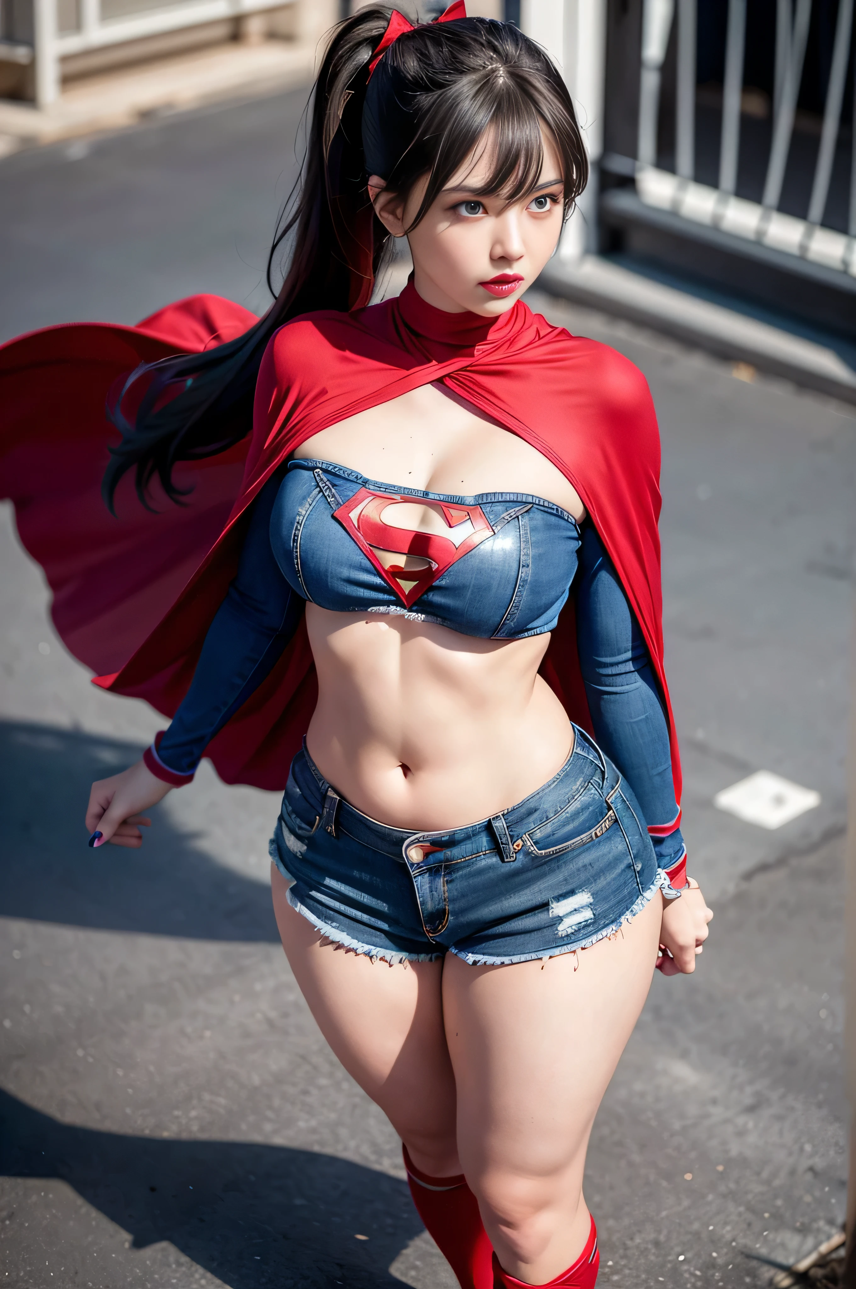 (Very detailed RAW color photography), 4k, realistic, charismatic, very detailed, there is a girl in the sky, dressed in a super girl costume, (she is a super girl), superhero theme, extra long black multicolored and wavy hair, extra long ponytail with bangs, hair ribbon, 25 years, full body, (detail in eyes),  (detail on face), stunningly beautiful, blue eyes, blush, makeup, red lipstick, cotton t-shirt, red cape, (denim shorts), (wide hips), (thick thighs), small breasts, dress,, seductive pose, (extreme hourglass figure), strong thighs, svelt