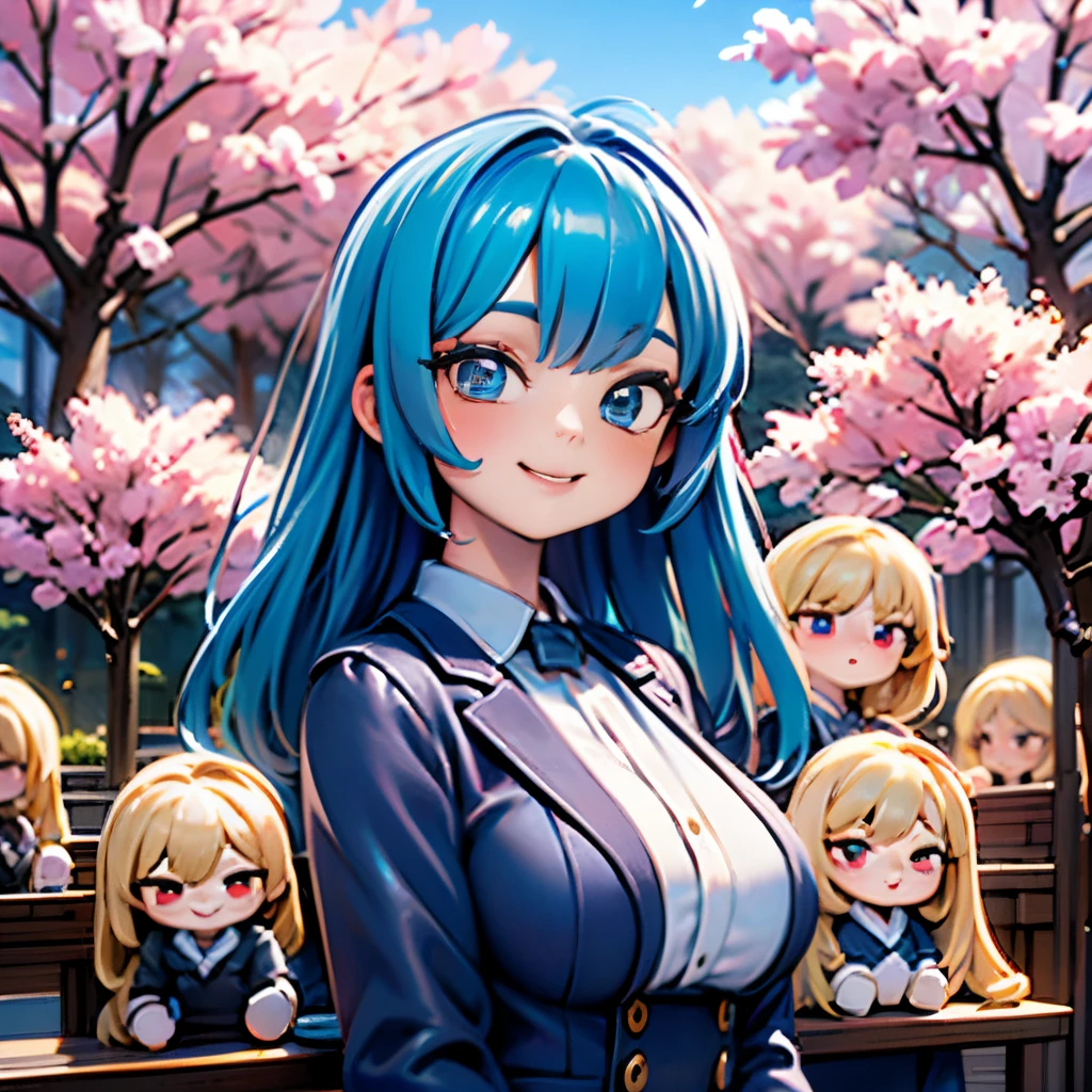 8K quality:1.5,High quallity,high resolution,photograph,cherry blossoms,(1体のDolls,2 headsキャラクタ:1.2),1 girl doll,(figure:1.5,Dolls),cute,smile,blue sky,((2 heads,Big face)),cherry blossoms柄の洋服,Upper body,Big breasts hidden under clothes,Wear all over the body