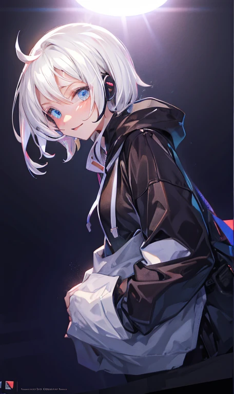 Wearing large futuristic headphones and a sinister smile