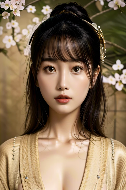 best quality,4k,8k,highres,masterpiece:1.2,ultra-detailed,realistic,photorealistic:1.37,portraits,beautiful detailed eyes,beautiful detailed lips,extremely detailed eyes and face,longeyelashes,Japanese,traditional clothing,kimono,geisha,graceful,serene,traditional hairstyle,ornate hair accessories,delicate features,pale skin,subtle makeup,artistic lighting,soft and warm color tones,calm atmosphere,flower garden,Cherry blossoms,tranquil setting