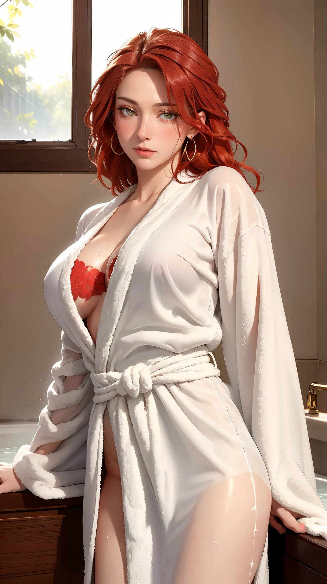 ((((masterpiece, best quality, high resolution)))), Extremely detailed 8K, Beautiful girl with voluptuous body, (Ultra HD, Ultra-detailed, Highly detailed, Highly realistic, Ultra-realistic, photograph realistic), (1girl:1.5), (Realistic red hair), (long wavy hair, hair ornaments, earrings), (dynamic poses), facing at camera, looking at viewer, (blushing red, rolling eyes, ahg), (hazel eyes, sharp eyes), (big perky breasts:1.2), (beautiful detailed face, beautiful detailed eyes), ((white bath robe)), (standing up), sweat, glow, (sunbeam, sunlight), ((cowboy shot)), bedroom