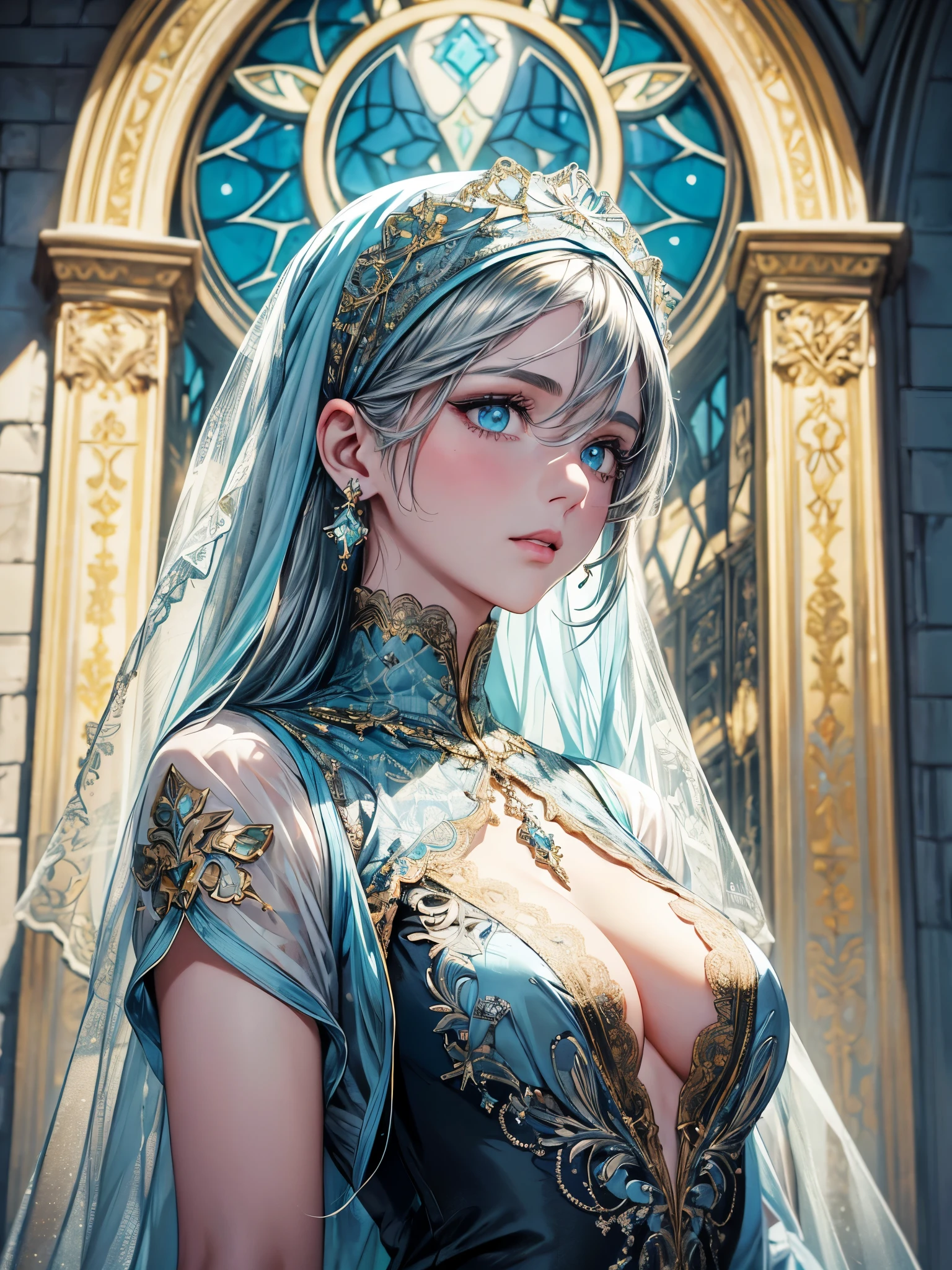 (best quality, high resolution, masterpiece:1.2), Super detailed, Beautiful and delicate lake green eyes, Beautiful and delicate lips, extremely detailed face, super long hair, 1 girl, Beautiful girl with aqua blue hair, Wearing a dark blue Luminous nun costume, Lace platinum nuns headscarf, (gold ornaments), ((golden and silver pattern)), (light blue pattern:1.37), (complex pattern:0.9), Lovely, attractive, portrait, delicate eyes, ancient church, Luminous earrings, Reflective pupil, see-through clothing design, (empty:0.7), chiffon, (lace:0.7), black gloves, Cubist Futurism, anime, Cubist Futurism, anime, 8K, textured skin, UHD, ccurate, textured skin, super detail, UHD, ccurate