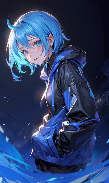 Wearing large futuristic headphones, a sinister smile, facing forward, body facing forward, blue hair