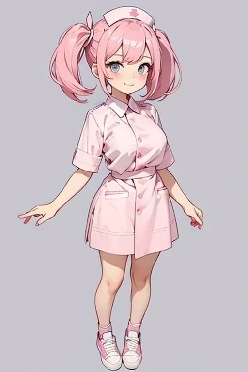 1 woman,nurse uniform, pink wear, pink hair, blue eye, short hair, twintail, big breasts, gentle smile, calm expression, chibi character, full body, staning, lower arms, front view, looking at viewer, thick outline, gray background, simple background