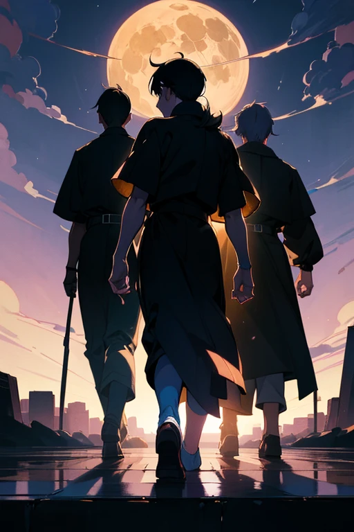 (best quality,4k,highres,masterpiece:1.2),anime,night scene,four shadows of young men walking backwards,silhouettes of young men,full moon shining brightly,mysterious atmosphere,shadows,captivating eyes,anime art style,90s anime style,moonlit night,gentle breeze,brilliant moonlight,peaceful night,retro anime vibes,detailed character design,mesmerizing,nostalgic,cool poses,mysterious background,urban setting,backlit lighting,stylized backgrounds,vibrant colors,dark streets,impressive moon,impressive details,realistic shadows,impressive depth,expressive facial features,rich textures,captivating hair styles,traditional anime aesthetic