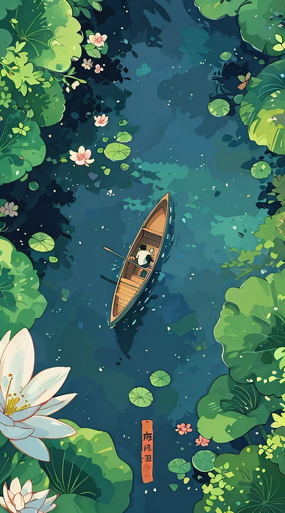 Top view of the lake, spring atmosphere, cartoon illustration, Chinese illustration style, flat design, poster composition, colorful cartoon characters