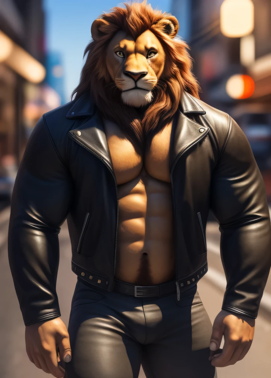 (best quality,4k,highres,masterpiece:1.2), ultra-detailed, realistic:1.37, HDR, studio lighting, extreme detail description, professional, vivid colors, bokeh, lion, male, long mane, brown beard along the jaw, beautiful eyes, detailed eyes, very muscular body, pecs, biceps, broad shoulders, biker clothing, open jacket, tight pants, on motorcycle, street, looking at the viewer.