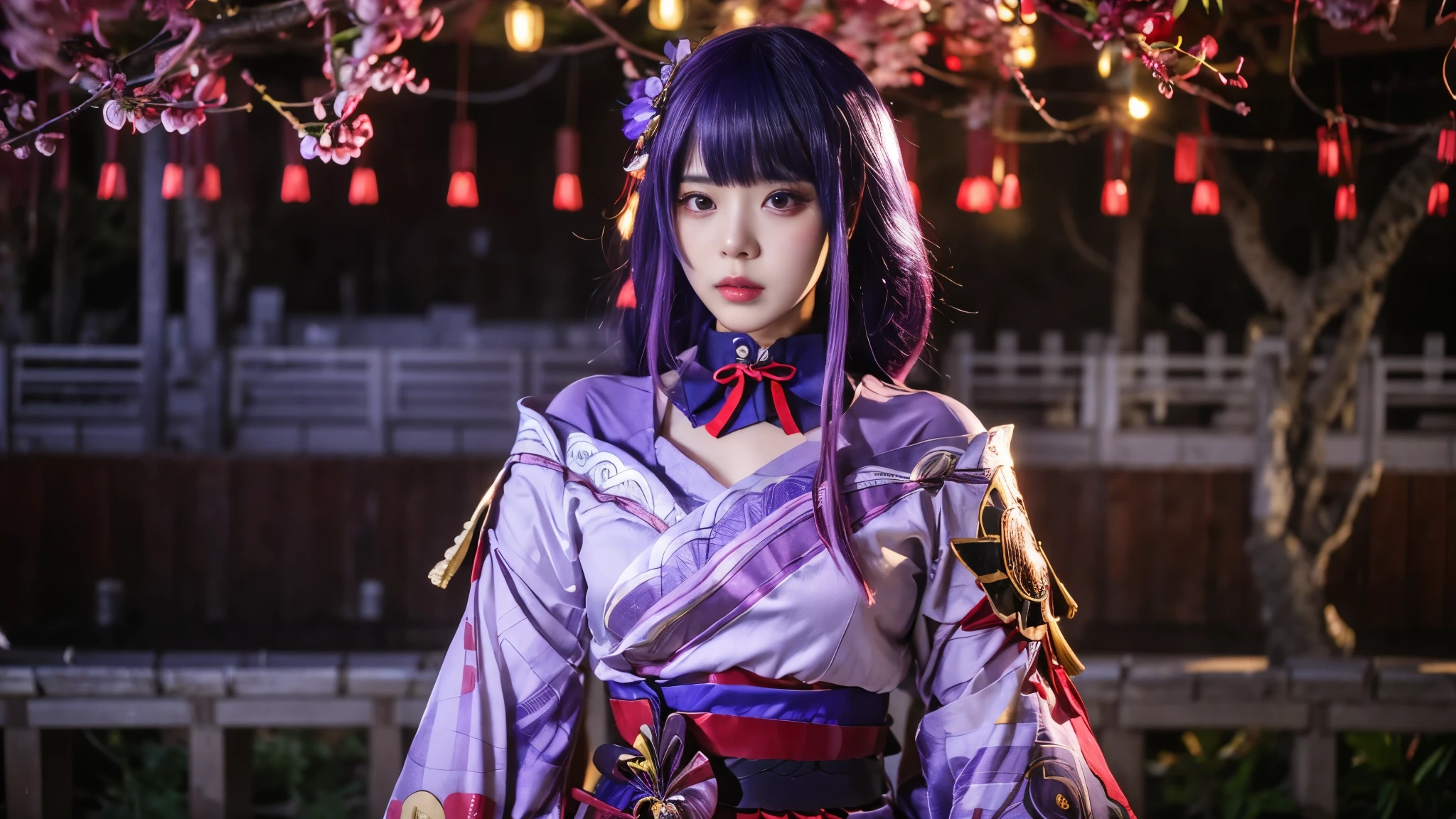 1 girl,Raiden shogun, Realistic , long hair , purple hair , ultra detail , 70 mm lens ,