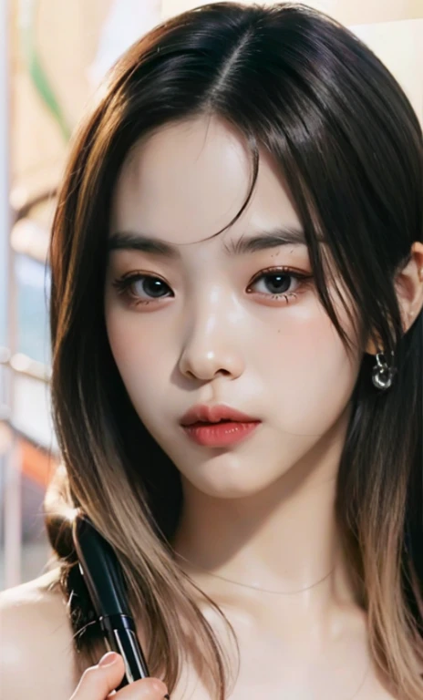(8K, Raw photo, realistic:1.25) ,( lip gloss, whip, shiny face, Glossy skin, highest quality, 超A high resolution, written boundary depth, chromatic aberration, caustics, wide range lighting, natural shading, K-POPアイドル) ,((((simple background、naked,Downbob))))
