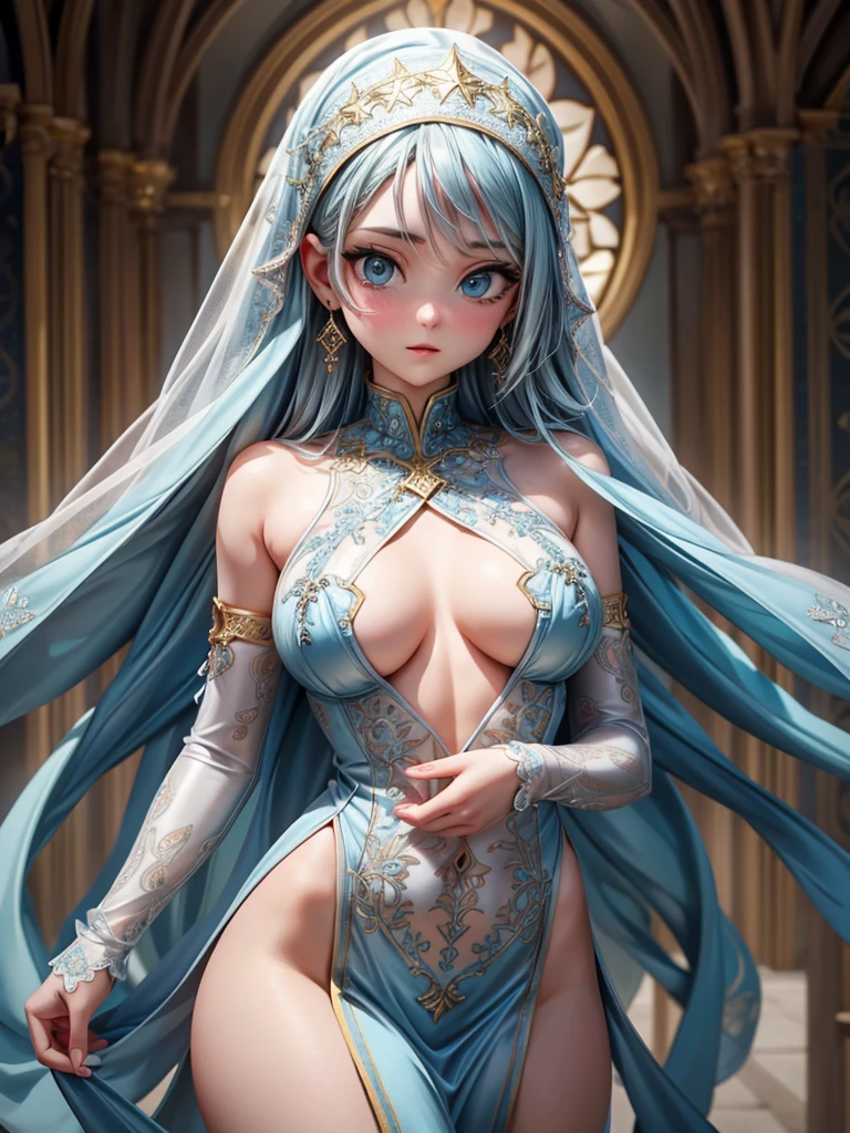 (best quality, high resolution, masterpiece:1.2), Super detailed, Beautiful and delicate lake green eyes, Beautiful and delicate lips, extremely detailed face, super long hair, 1 girl, Beautiful girl with aqua blue hair, Wearing a dark blue Luminous nun costume, Lace platinum nuns headscarf, (gold ornaments), ((golden and silver pattern)), (light blue pattern:1.37), (complex pattern:0.9), Lovely, attractive, portrait, delicate eyes, ancient  church, Luminous earrings, Reflective pupil, see-through clothing design, (empty:0.7), chiffon, (lace:0.7), black gloves, Cubist Futurism, anime, Cubist Futurism, anime, 8K, textured skin, UHD, ccurate, textured skin, super detail, UHD, ccurate