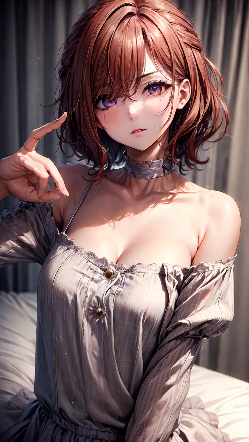 Super detailed(eye:1.7),highest quality、best image quality、on the bed、beautiful cleavage、disheveled clothes、thin、humiliated face、dog pose、Super detailed、small breasts、Light Particles 0.5