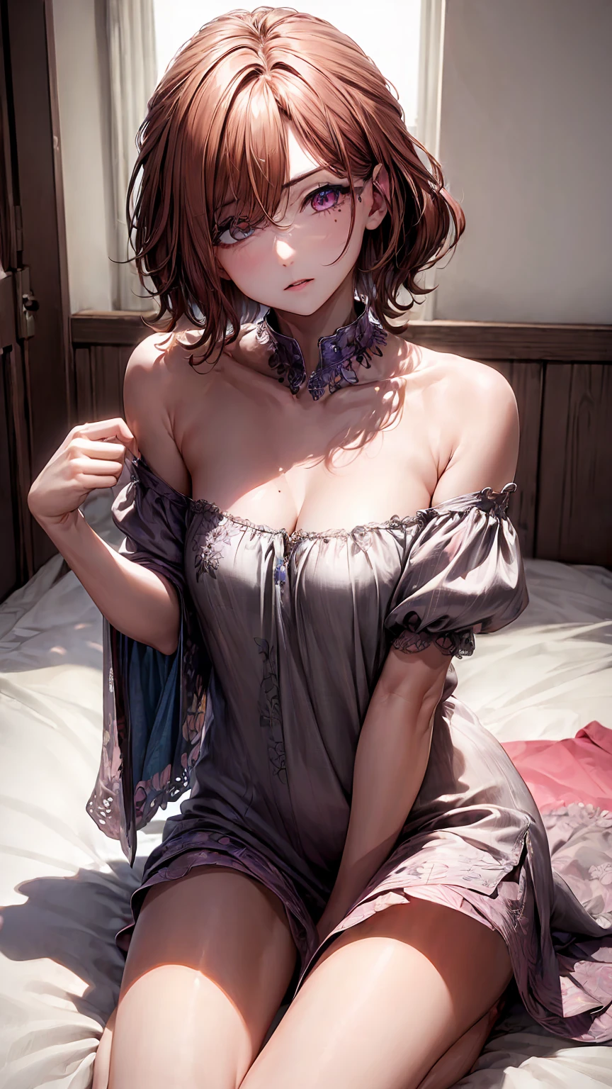Super detailed(eye:1.7),highest quality、best image quality、on the bed、beautiful cleavage、disheveled clothes、thin、humiliated face、dog pose、Super detailed、small breasts、Light Particles 0.5