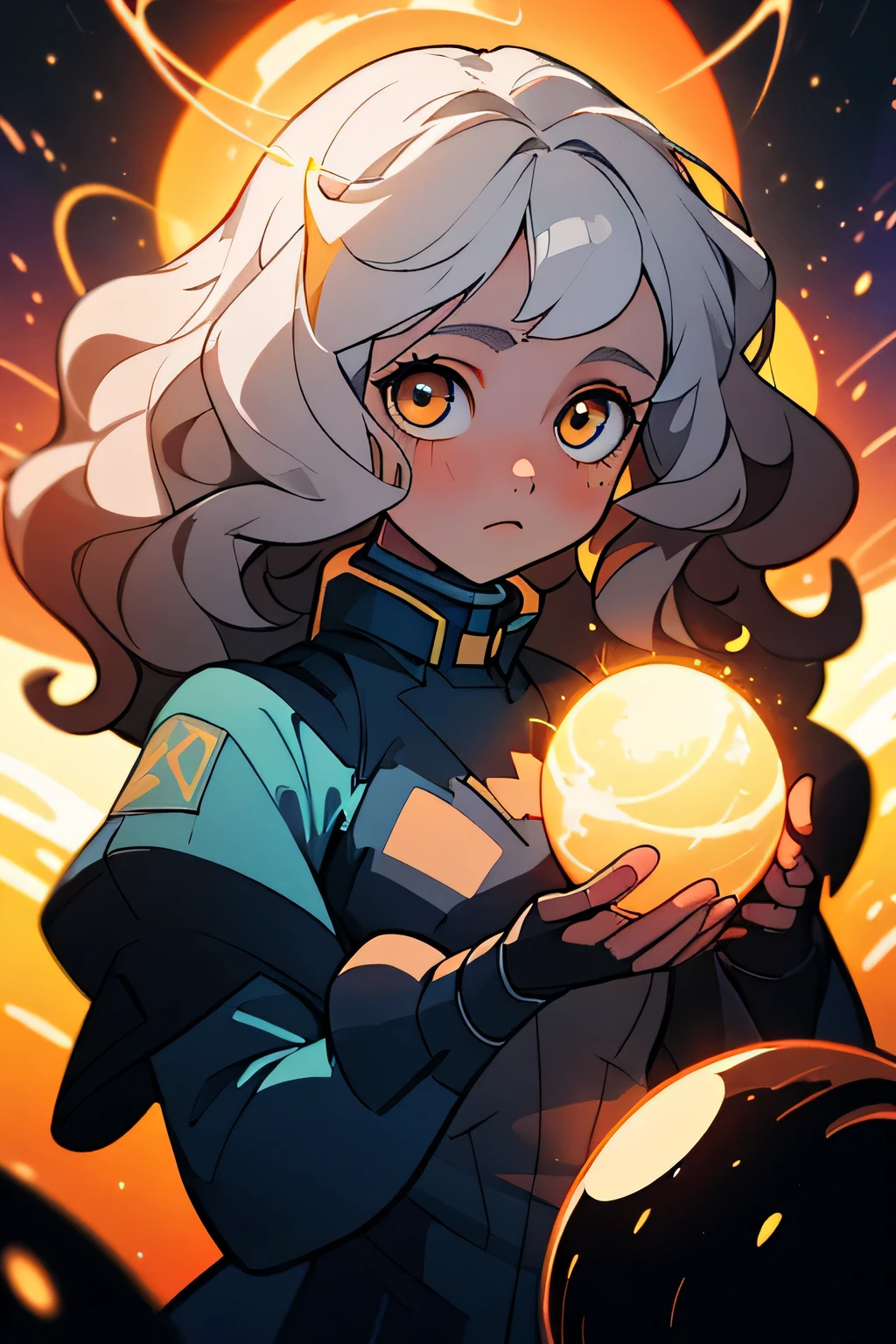 (best quality, masterpiece), 1girl, omnipotent goddess, universe, milky way, particles, black hole, transcendent being, looking at viewer, wavy hair, orb, white hair, white eyes, white blue and yellow effects