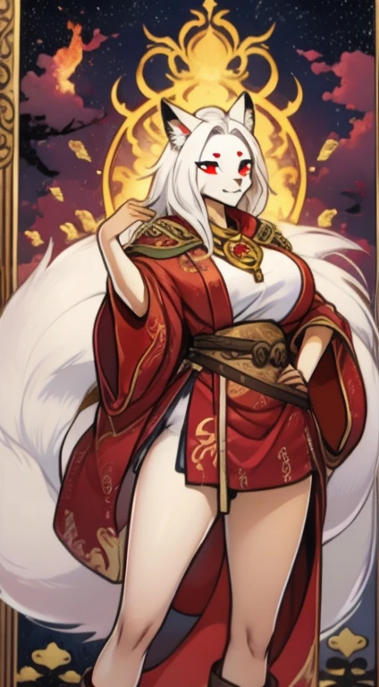 Tarotkarte, majestis weiblich pelzig, (Okami Amaterasu), (big breasts thighs), (curved body), (gebogene Oberschenkel), (white fur),detailliertes Fell, detaillierte Augen, Magie, Feuer, that emanates from the body, standing with Magieal symbols, ein Anthro, anthromorb, Tierkreis, leo Tierkreis background, MYSTISCH, opened his eyes