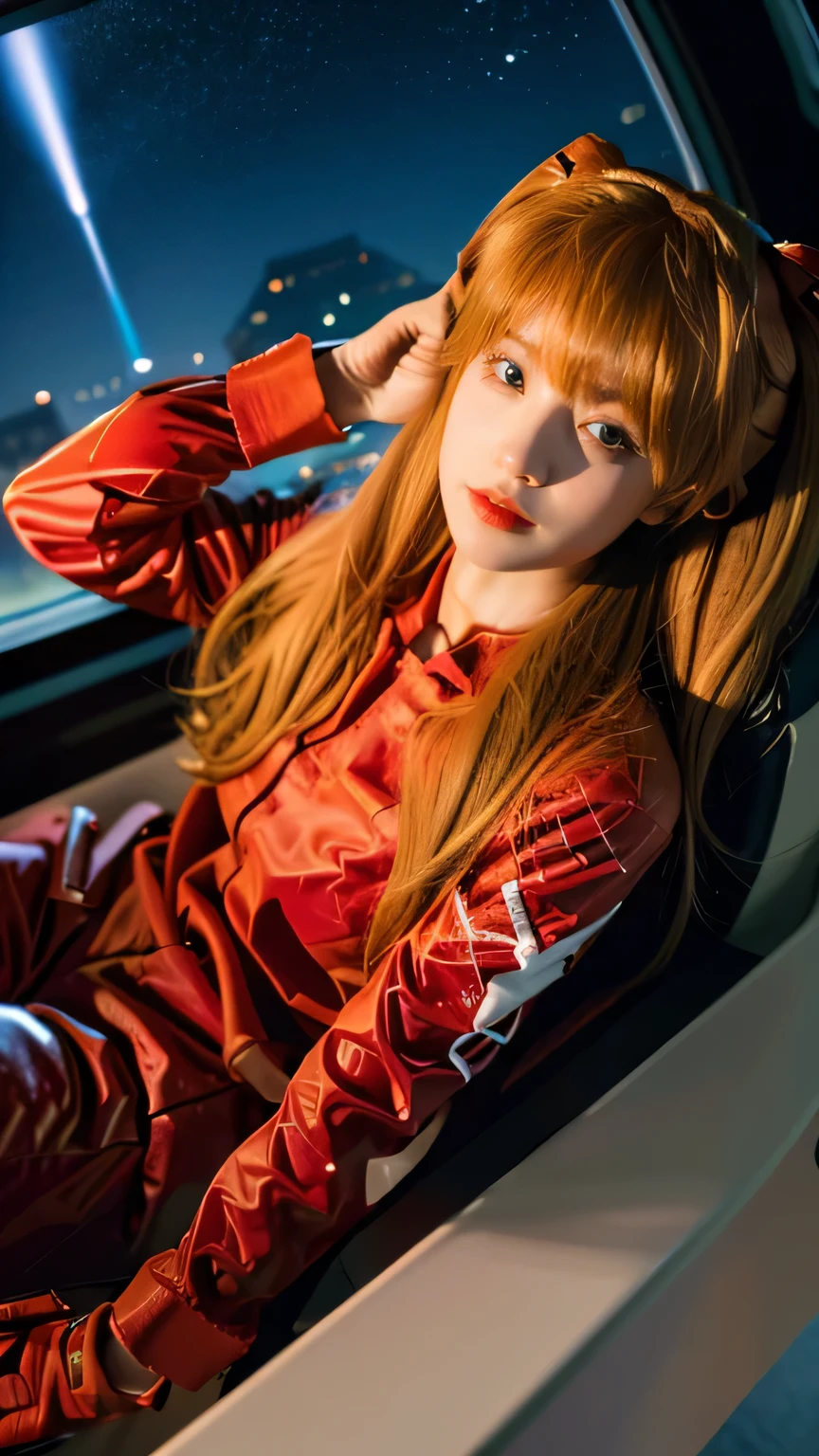 (top view),Dynamic angle,Super detailed, illustration, full body portrait, direct, 1 girl, 
 ((Soryu Asuka Langley, interface headphone, red jumpsuit:1.4, Blonde)),Her eyes shone like fantastic stars,(glowing eyes:1.233),(Beautiful and delicate eyes:1.1),(Poker face,Keep your mouth shut),(permanent), 
(Mechanical room with tools and spaceship windows in white spaceship),
(night:1.2),fantastic, [[slender fingers and hands:0.55]::0.85],(Detail fingers),