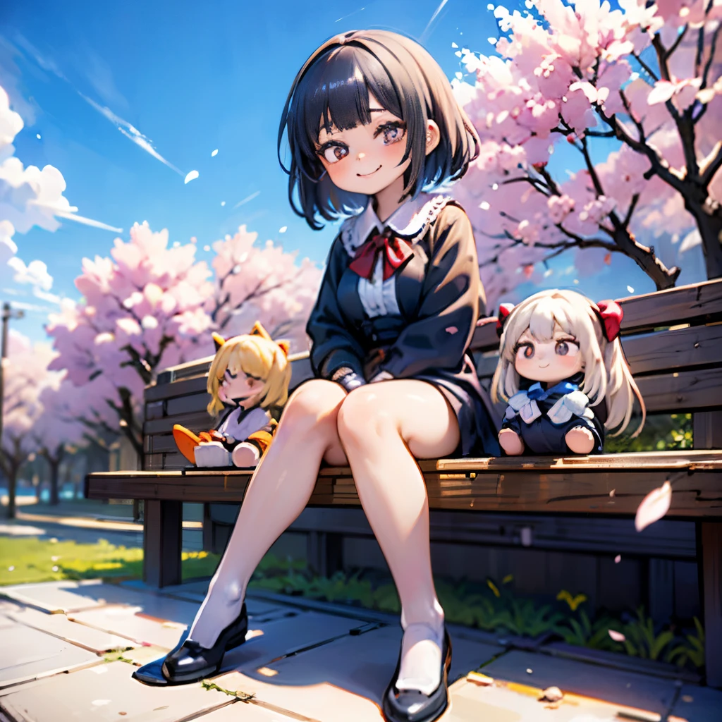 8K quality:1.5,High quallity,high resolution,photograph,cherry blossoms,(Dolls,charactor,2 headscharactor:1.2),1 girl doll,(figure:1.5,Dolls),cute,smile,blue sky,((2 heads,Big face)),cherry blossoms柄の衣装,whole body,thin legs,short limbs