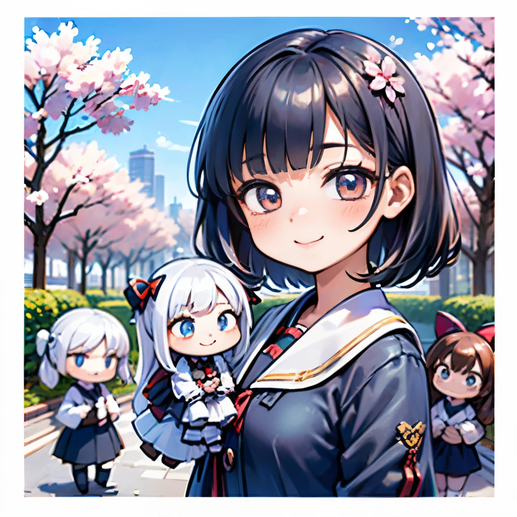 8K quality:1.5,High quallity,high resolution,photograph,cherry blossoms,(Dolls,charactor,2 headscharactor:1.2),1 girl doll,(figure:1.5,Dolls),cute,smile,blue sky,((2 heads,Big face)),cherry blossoms柄の衣装