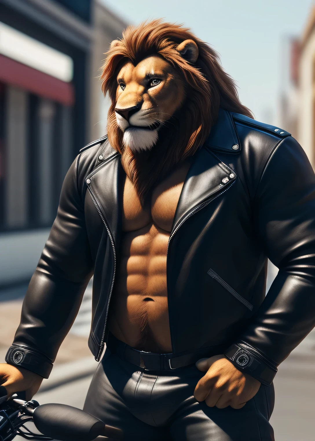 lion, male, long mane, brown beard along the jaw, beautiful eyes, detailed eyes, very muscular body, pecs, biceps, broad shoulders, biker clothing, open jacket, tight pants, on motorcycle, street, looking at the viewer (intricate, high detail, film photography, soft focus, RAW candid cinema, photorealism, realistic, photorealistic, analog style, subsurface scattering, masterpiece, best quality, ultra realistic, 8k)