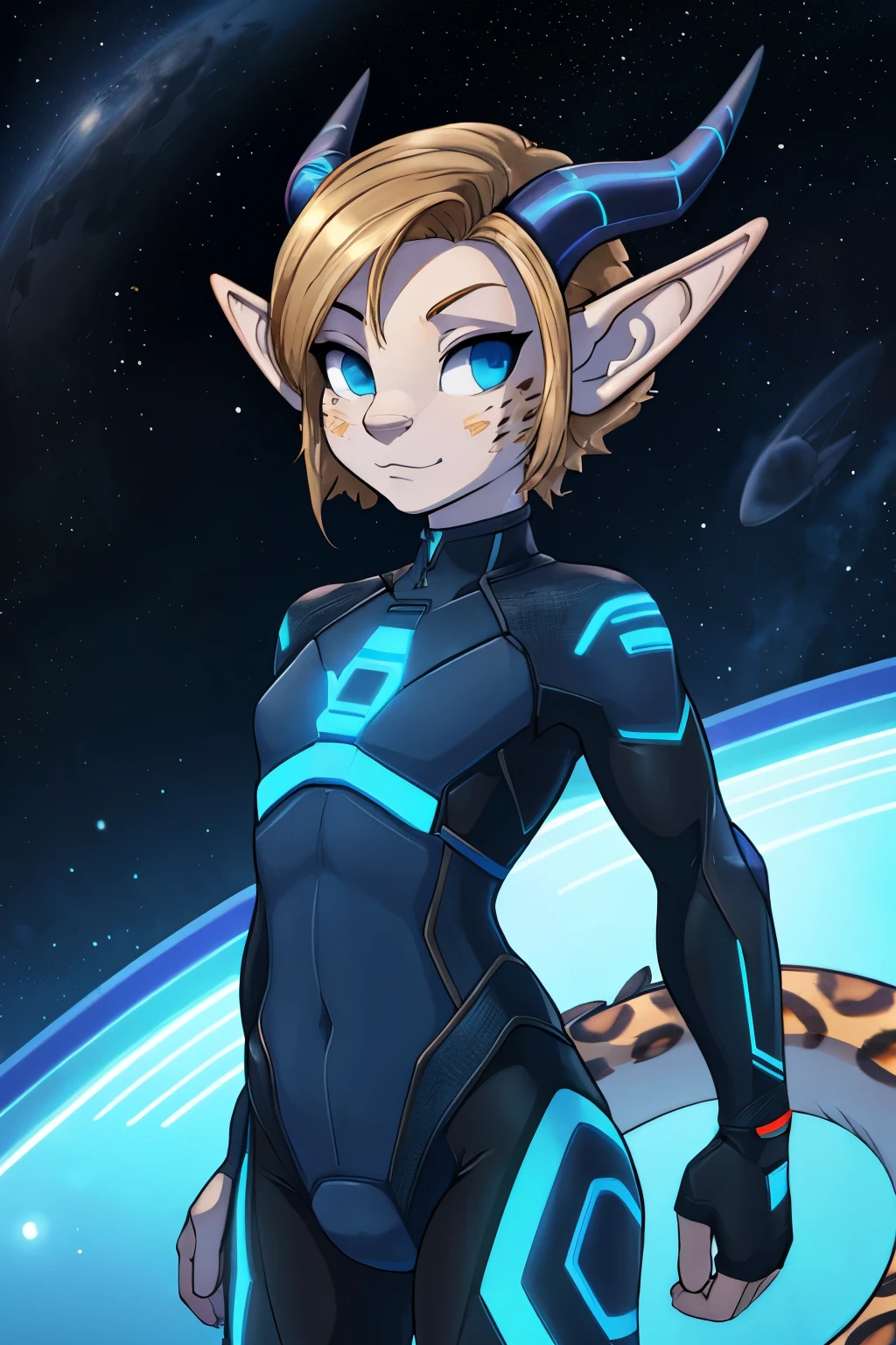 (Cute elf tomboy), space station background, thin body, slim, fit, tron bodysuit, very short hair, dark blonde hair, (slicked back hair, forehead), blue eyes, forehead, flat chested, grey dragon horns, leopard spots