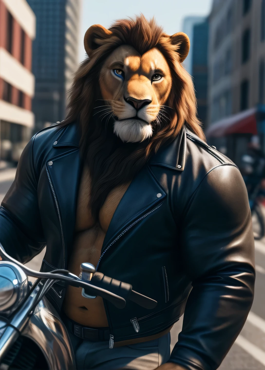 lion, male, long mane, brown beard along the jaw, beautiful eyes, detailed eyes, very muscular body, pecs, biceps, broad shoulders, biker clothing, open jacket, tight pants, on motorcycle, street, looking at the viewer (intricate, high detail, film photography, soft focus, RAW candid cinema, photorealism, realistic, photorealistic, analog style, subsurface scattering, masterpiece, best quality, ultra realistic, 8k)
