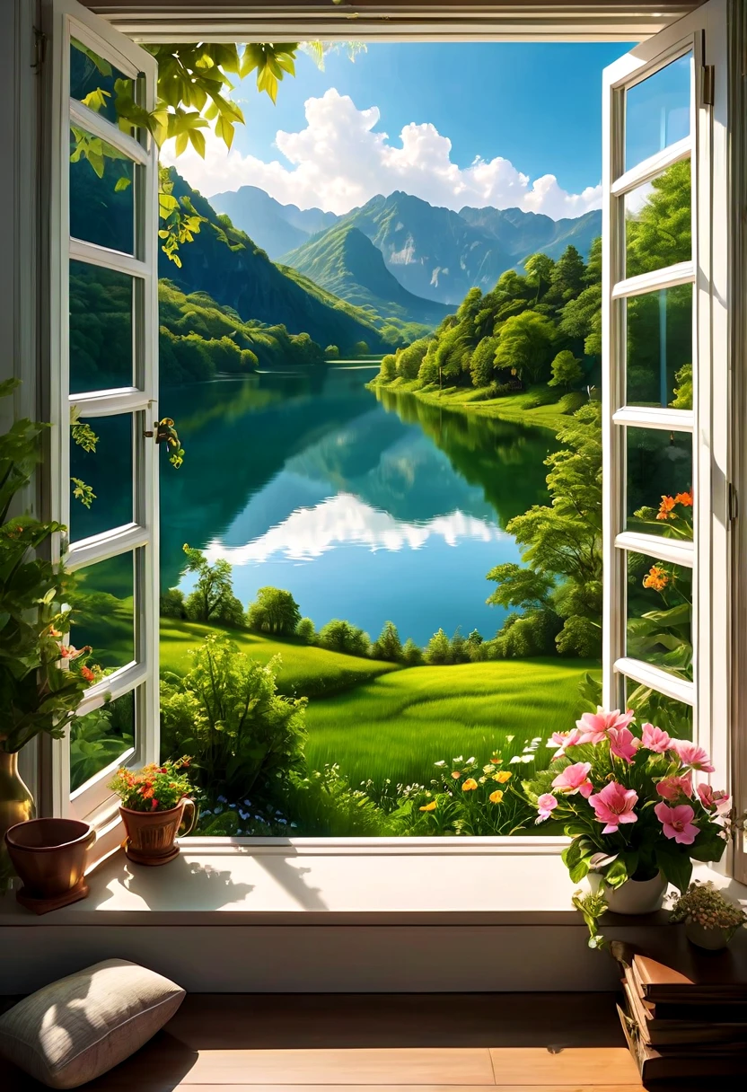 1girl, The View Outside the Window, (4k,8k,highres,:1.2),ultra-detailed,(realistic,photorealistic,photo-realistic:1.37),indoor view,window view,outside scene,outdoor scenery,breathtaking landscape,panoramic view,serene atmosphere,clear blue sky,rolling hills,green meadows,colorful flowers,trees swaying in the wind,sun shining brightly,golden sunlight streaming in through the window,glimmering lake in the distance,crystal-clear water,reflection of the sky on the water surface,lush forests,majestic mountains on the horizon,peaceful countryside,tranquil setting,quiet ambiance,gentle breeze rustling the leaves,morning mist over the fields,tiny birds chirping,soft rays of sunlight illuminating the room,nature's beauty at your doorstep,serenity of the outside world,boundless beauty right outside the window . masterpiece, best quality, very aesthetic, absurdres, aesthetic