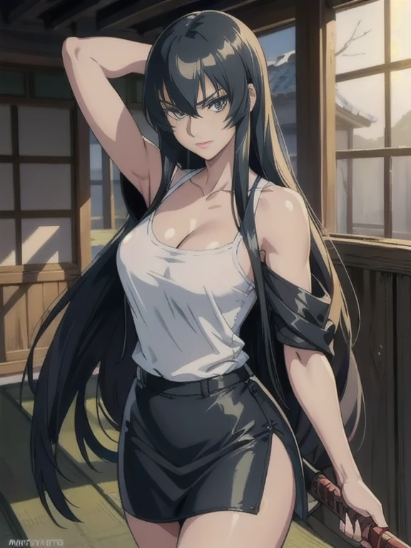 ((masterpiece, best quality, high resolution, UHD, pixel perfect, depth of field, 8k, RTX, HDR))cowboy shot, BREAK, 1girl, single, alone, beautiful anime girl, beautiful art style, anime character, ((style of Akame Ga Kill!)),((long hair, )), (green:1.4, round eyes, beautiful eyelashes, realistic eyes), big chest 1.5, with cleavage, neckline, blushing, wears a miniskirt, shirt, cleavage, BREAK, in pose dynamic, holding a katana with one hand in a old dojo of japan