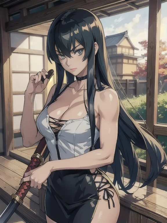 ((masterpiece, best quality, high resolution, UHD, pixel perfect, depth of field, 8k, RTX, HDR))cowboy shot, BREAK, 1girl, single, alone, beautiful anime girl, beautiful art style, anime character, ((style of Akame Ga Kill!)),((long hair, )), (green:1.4, round eyes, beautiful eyelashes, realistic eyes), big chest 1.5, with cleavage, neckline, blushing, wears a miniskirt, shirt, cleavage, BREAK, in pose dynamic, holding a katana with one hand in a old dojo of japan