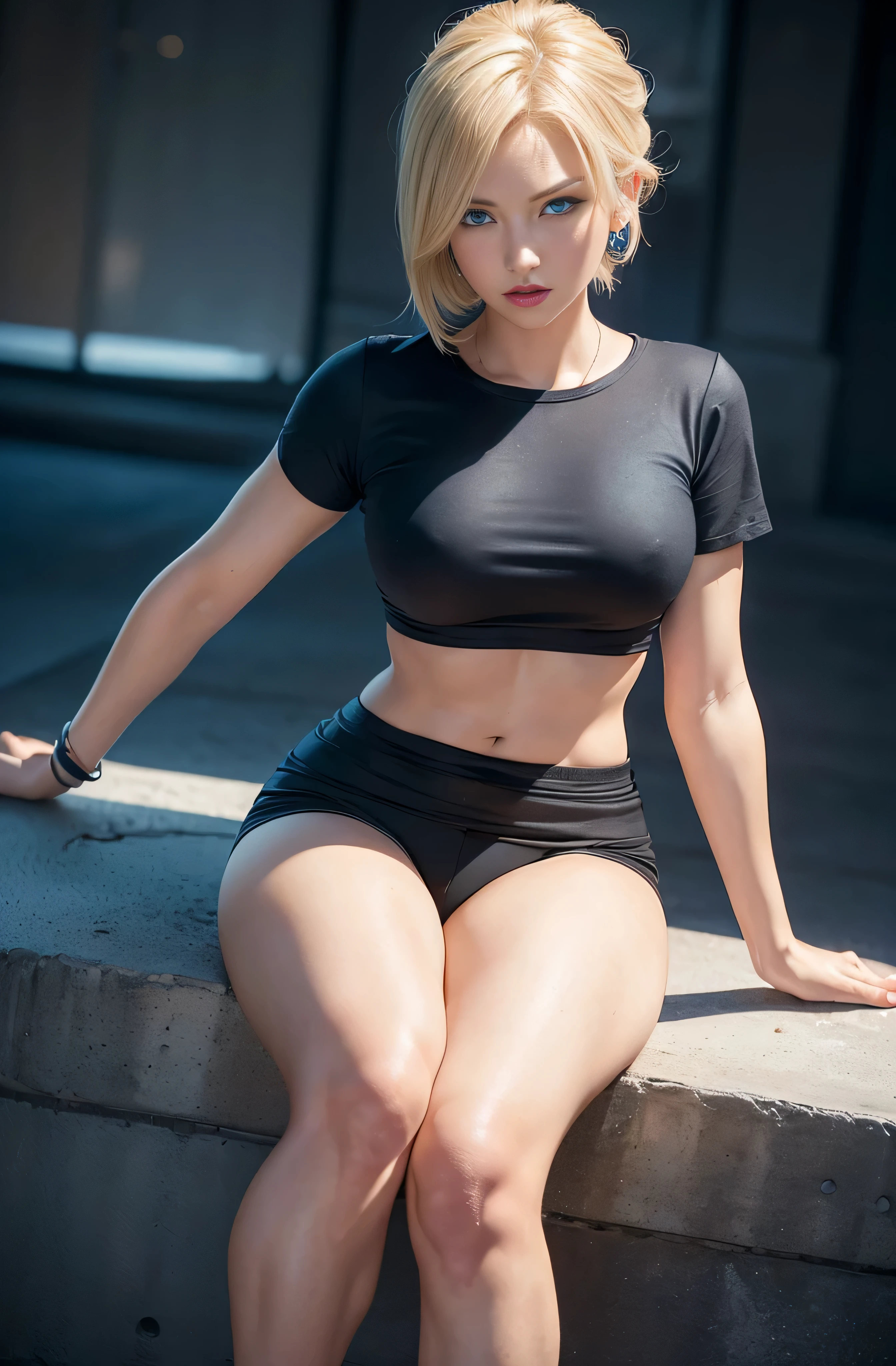 (cowboyshot: 1.2), (ANDROID_18, AND18\(dragon ball z\), (finely detailed beautiful eyes and detailed face), (face through thigh: 1.4), (knee shot: 1.2), blonde hair, solo, lady, (detail in the eyes), (detail in the face), ((small breasts)), incredibly beautiful, ((blue eyes)), blush, ((makeup)), ((red lipstick)), ((small and thick lips)), (beautiful background), :), dynamic angle, blue eyes, light face, sunlight, (bright face: 1.2), very wide hips, very thick thighs, (full body shot), solo, blonde hair,  blue eyes, short hair, earrings, jewelry, ((with a gorgeous shorts)), ((tight black t-shirt)), she is angry, high heels