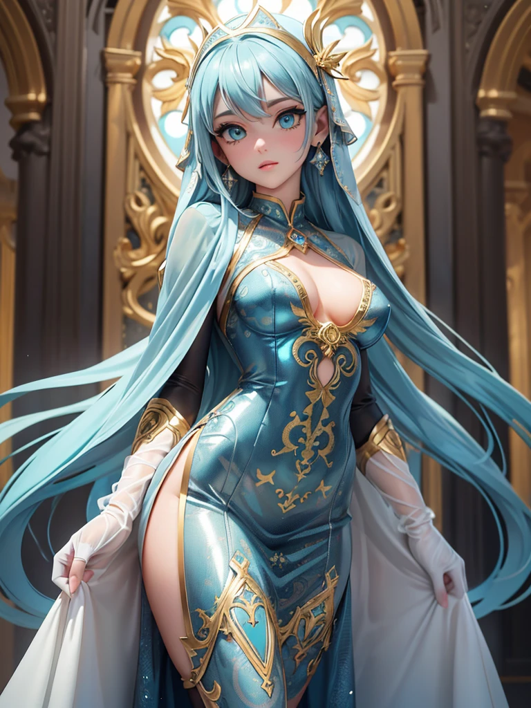 (best quality, high resolution, masterpiece:1.2), Super detailed, Beautiful and delicate lake green eyes, Beautiful and delicate lips, extremely detailed face, super long hair, 1 girl, Beautiful girl with aqua blue hair, Wearing a dark blue Luminous nun costume, (gold ornaments), ((golden and silver pattern)), (light blue pattern:1.37), (complex pattern:0.9), Lovely, attractive, portrait, delicate eyes, ancient  church, Luminous earrings, Reflective pupil, see-through clothing design, (empty:0.7), chiffon, (lace:0.7), black gloves, Cubist Futurism, anime, Cubist Futurism, anime, 8K, textured skin, UHD, ccurate, textured skin, super detail, UHD, ccurate