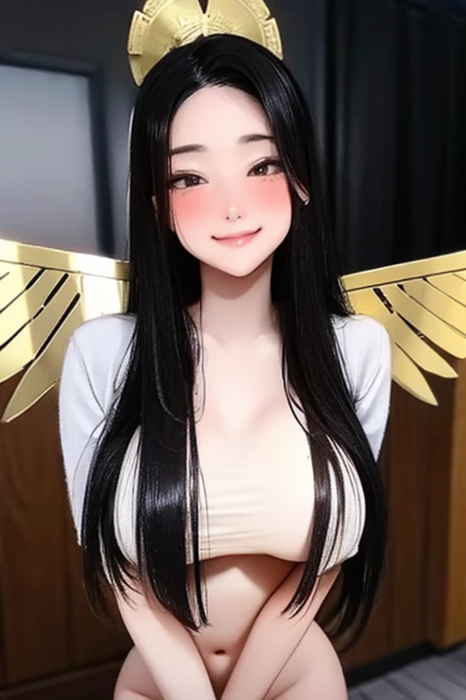 black hair, red eyes, sexy, large breasts, sexy, beautiful body, masterpiece, smile, bedroom, nude, naked, nipples,Sexual Intercourse, (cum in pussy),(breast milk), angel wings