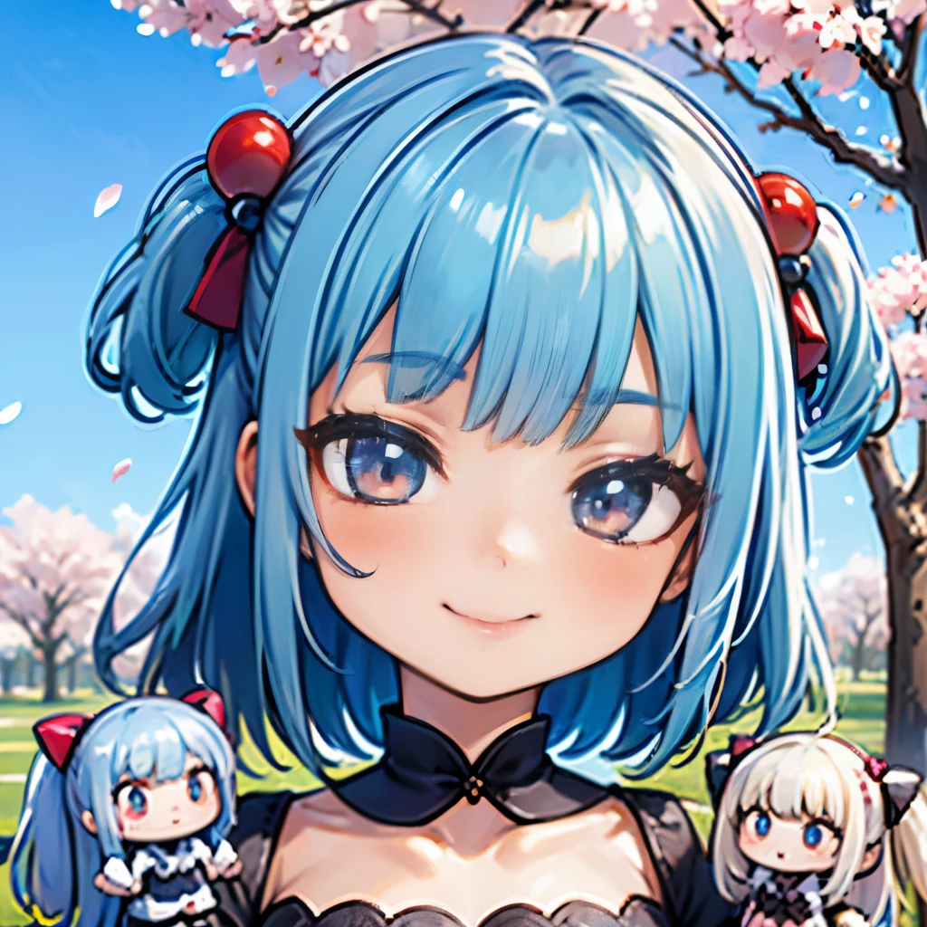 8K quality:1.5,High quallity,high resolution,photograph,cherry blossoms,(1体のDolls,2 headsキャラクタ:1.2),1 girl doll,(figure:1.5,Dolls),cute,smile,blue sky,((2 heads,Big face)),cherry blossoms柄の衣装