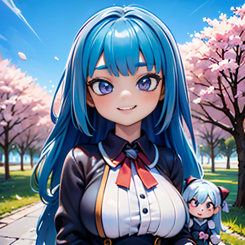 8K quality:1.5,High quallity,high resolution,photograph,cherry blossoms,(1体のDolls,2 headsキャラクタ:1.2),1 girl doll,(figure:1.5,Dolls),cute,smile,blue sky,((2 heads,Big face)),cherry blossoms柄の衣装,Upper body,Big breasts hidden under clothes,Wear all over the body