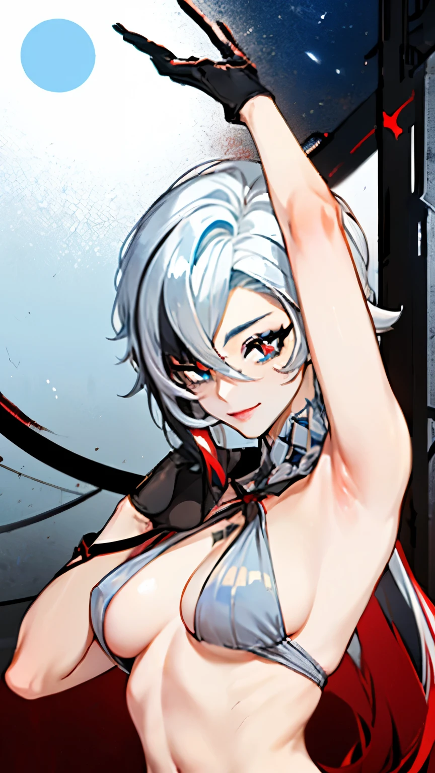 UHD, accurate, masterpiece, Anatomically correct, Textured leather, Super Detail, Best quality, 16 thousand., 1080P,One,(1 woman,perfect body, white short hair,A slight smile, night, Sexy look, Beautiful, Looking forward to watching),(Blue eyes:1.7)(red x-shaped pupils:1.7),(genshin impact/harlequin)
