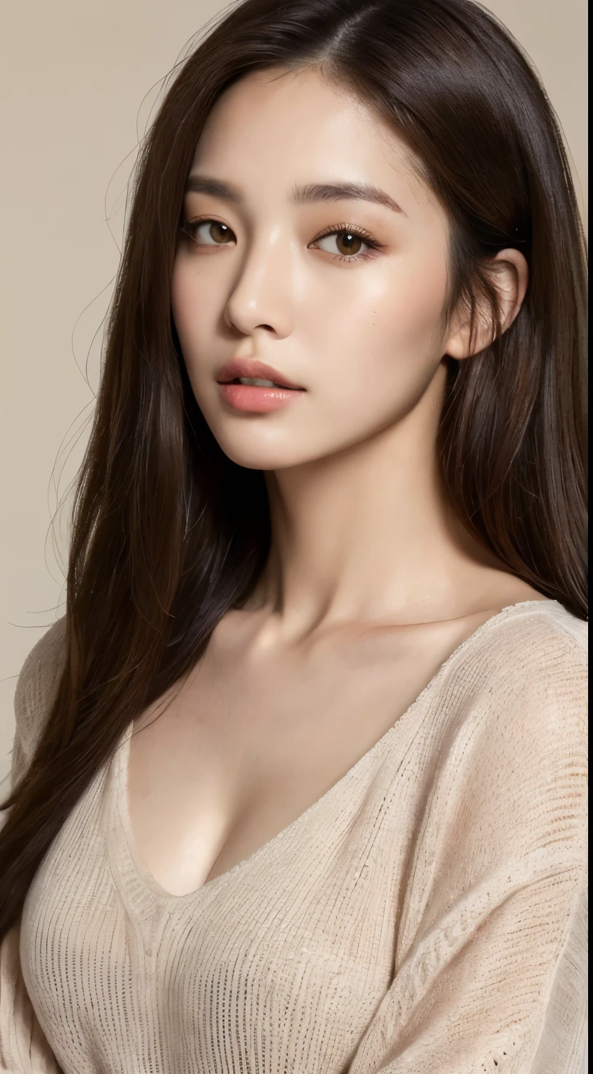 (best quality, 4k, Masterpiece :1.3), beautiful woman, 1 girl, (chest, attractive body :1.2), abdomen :1.1, dark brown hair: 1.1, (close up, portrait , face straight in Camera, Bleached Background), Highly detailed face, detailed lips, Detailed eyes, Double eyelids, Cowboy Shot, squat, pullover without bra neckline