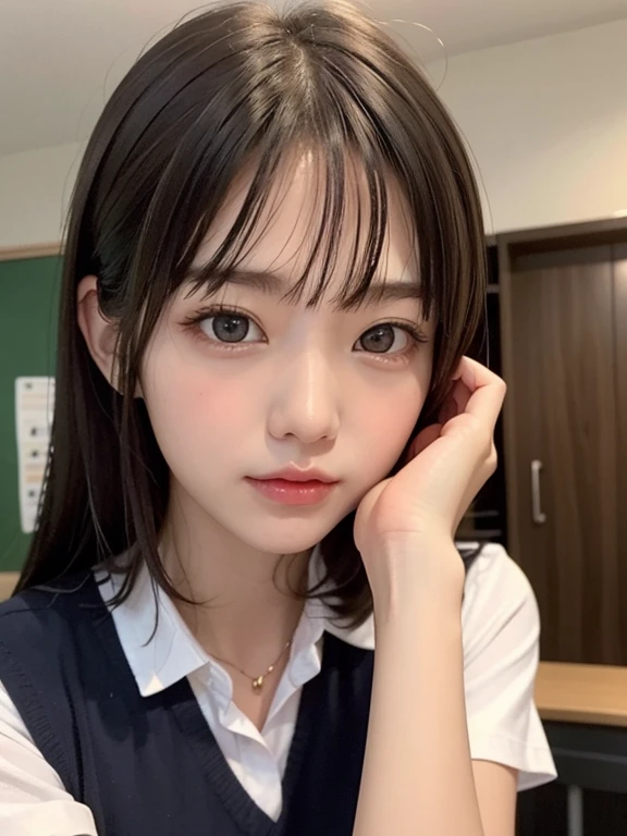 bright look、photorealism、highest quality、超A high resolution、picture、The most beautiful Nordic girls photos、cute and beautiful face details、small face、(Pueros face_V1:0.008)、美しいbangs、alice in wonderland、18-year-old、Radiant, fair, glowing skin、hair gets tangled in face、顔まで伸びるbangs、bangs、hair between eyes、super long hair、Attractive brown super long straight silky high hair、Charming shining beautiful bright clear light blue big eyes、school uniform、、eyeliner、double eyelid、ample breasts、Reflecting thighs、dynamic pose
