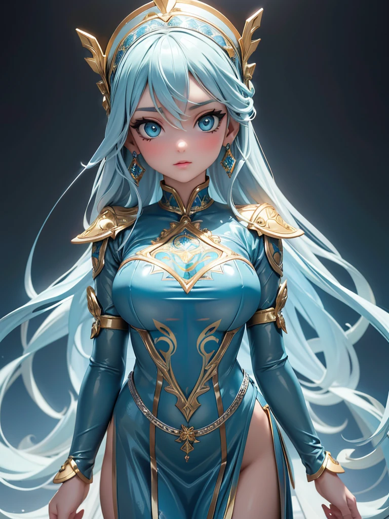(best quality, high resolution, masterpiece:1.2), Super detailed, Beautiful and delicate lake green eyes, Beautiful and delicate lips, extremely detailed face, super long hair, 1 girl, Beautiful girl with aqua blue hair, Wearing a dark blue Luminous nun costume, (gold ornaments), ((golden and silver pattern)), (light blue pattern:1.37), (complex pattern:0.9), Lovely, attractive, portrait, delicate eyes, ancient church, Luminous earrings, Reflective pupil, see-through clothing design, (empty:0.7), chiffon, (lace:0.7), black gloves, Cubist Futurism, anime, Cubist Futurism, anime, 8K, textured skin, UHD, ccurate, textured skin, super detail, UHD, ccurate