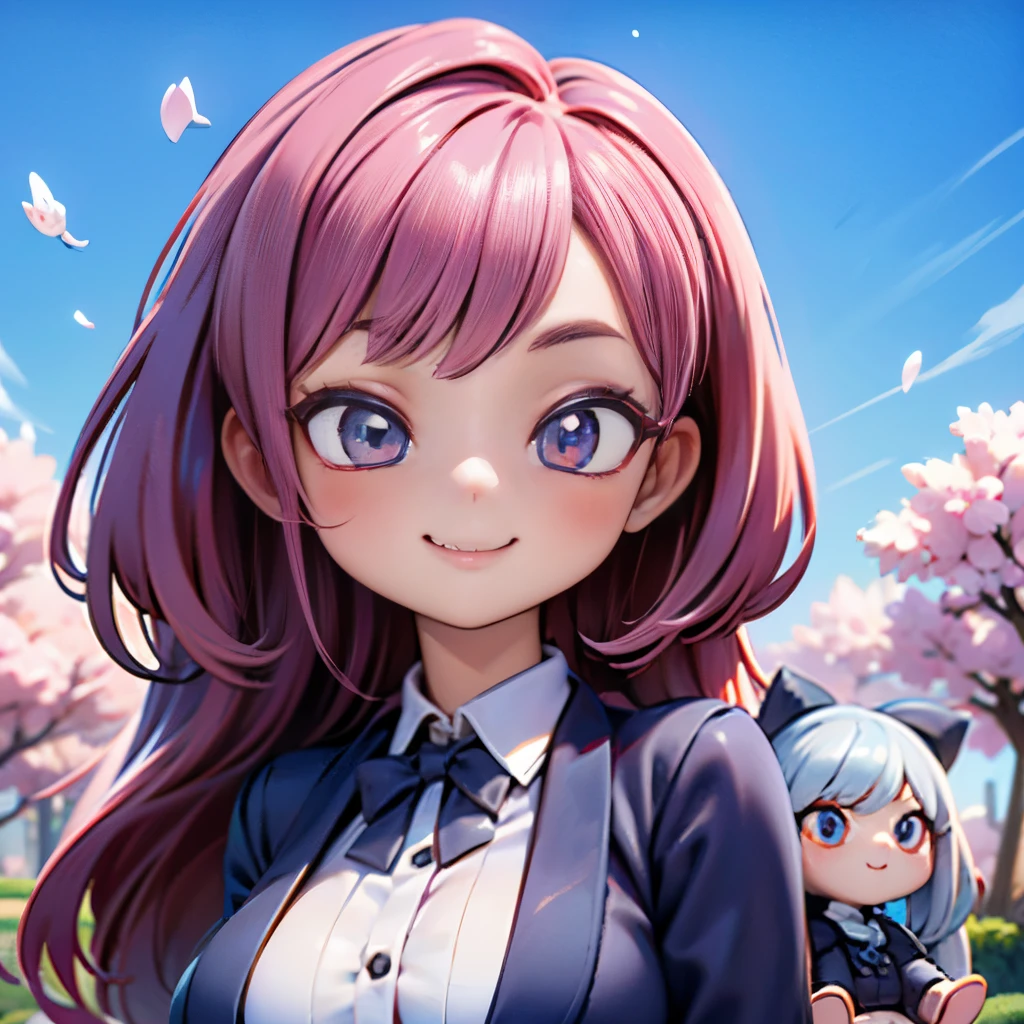 8K quality:1.5,High quallity,high resolution,photograph,cherry blossoms,(1体のDolls,2 headsキャラクタ:1.2),1 girl doll,(figure:1.5,Dolls),cute,smile,blue sky,((2 heads,Big face)),cherry blossoms柄の洋服,Upper body,Big breasts hidden under clothes,Wear all over the body