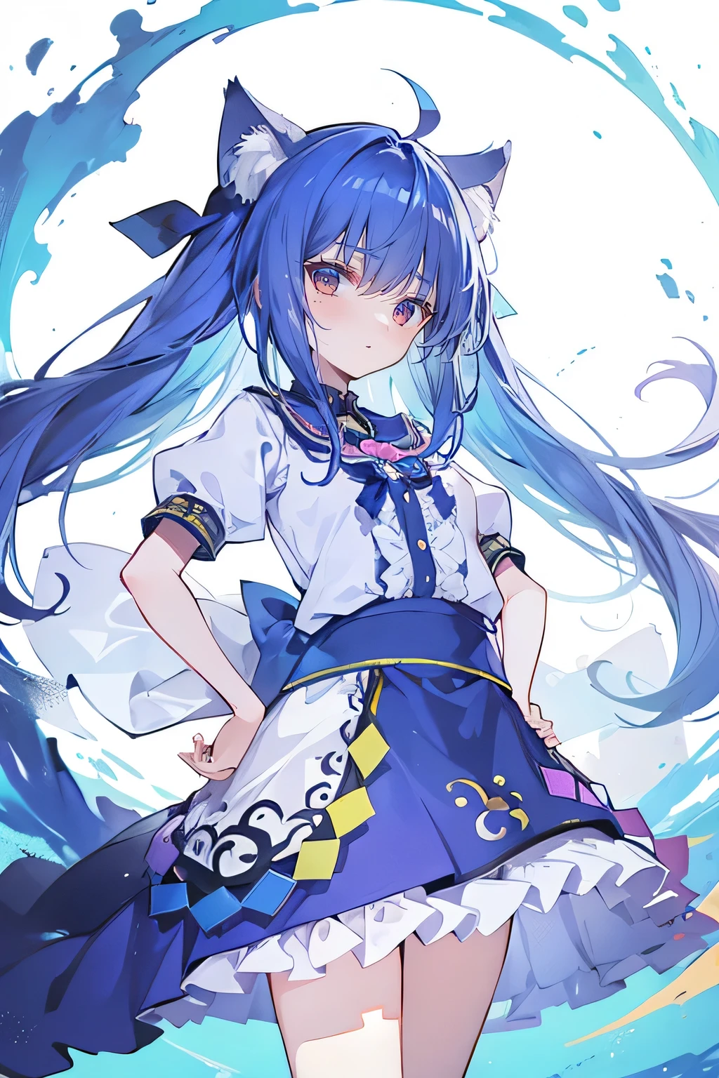 (masterpiece),best quality, expressive eyes, perfect face, 1girl,
 Put your hands on your waist,fair, Gorgeous,Japanese cartoons,girl,lola,Hina Angel, blue hair, blue haired, floating clothes,Grab your waist, Grab your waist, hands on hips , hands on hips,sit, sit on ground, Legs on the ground, flat chest,cat ears,dark blue eyes,