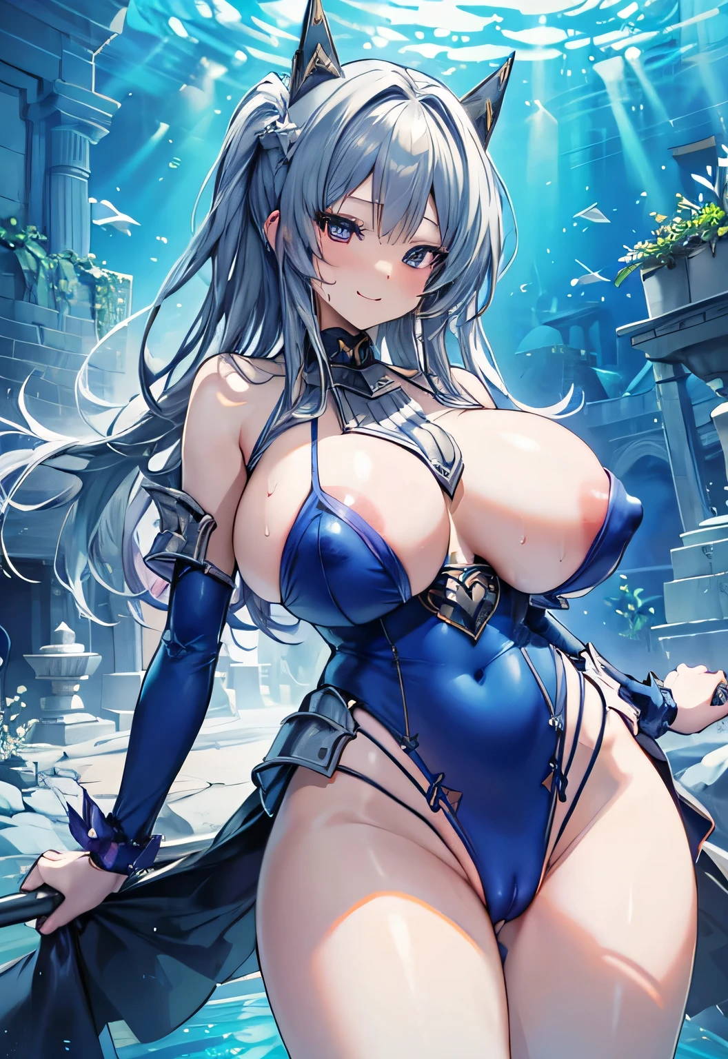 Erotic Anime Illustration、Highest image quality、A voluptuous bitch female knight shows off her vagina and flirts with men at the underwater temple、perfect proportions、Overwhelmingly big breasts beyond the norm、thick legs with fat、big areola、Beautiful shining eyes、cowboy shot、smile、shaved pussy、exposing nipples、spread legs、sweating、Vagina depicted in detail