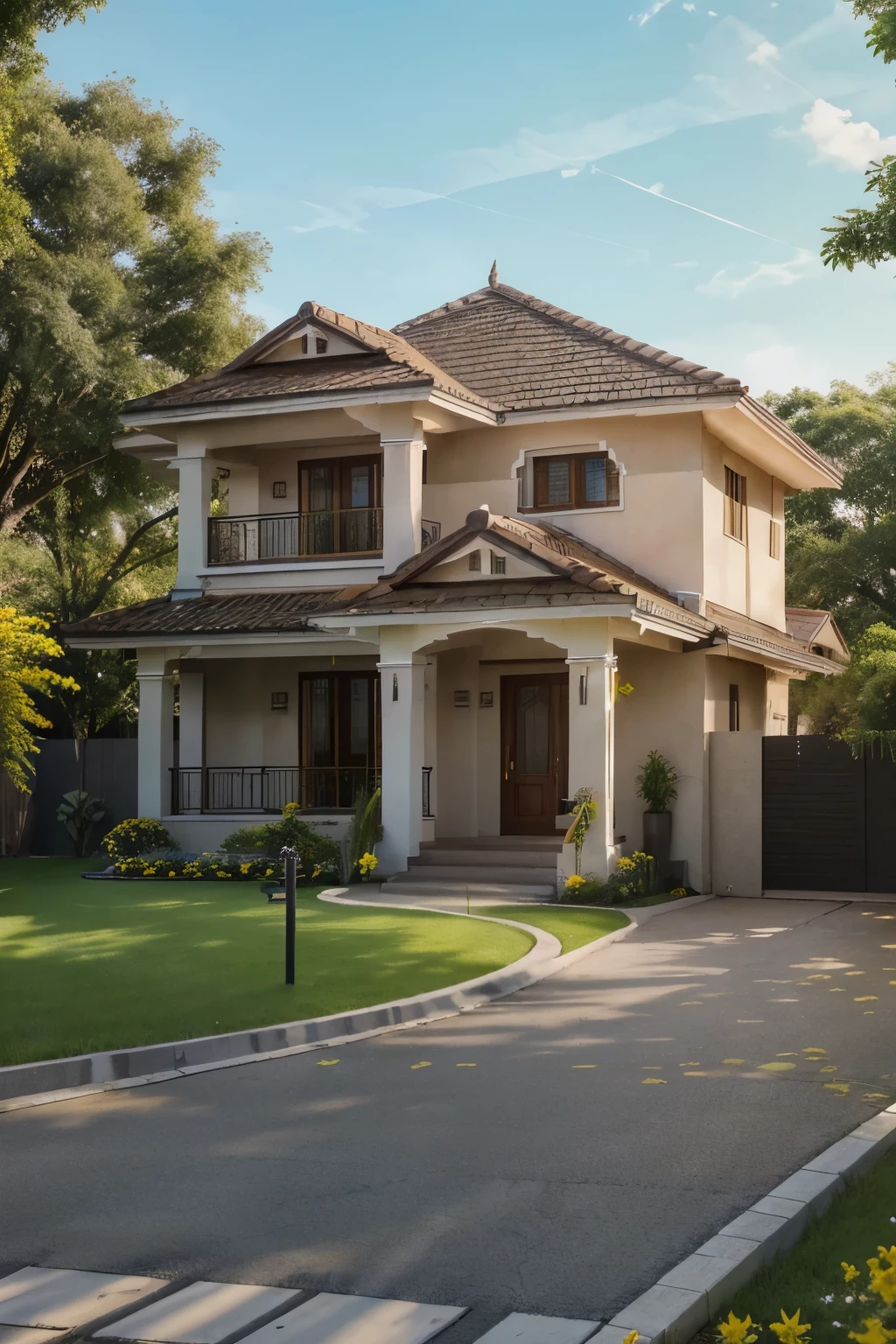 a drawing of a small house with slope roof, (brightenness:1.3), (morden:1.3)), (road:1.3), large space infront of, detail flower front perspective, frontview, perspective view, wide frontal view, front view, front-view, rendering, elevation view, front elevation view, all white render, sketch - up, frontal view, symmetrical front view, front facing view, front elevation, 3/4 front view, front side view,"A picture showcasing a captivating modern villa, featuring an expansive and well-ventilated yard adorned with vibrant flowers and flourishing trees."(RAW photo), highest quality, (masterpiece:1.2), High detail RAW color photo, extremely detailed CG unity 8k wallpaper, (photo realism:1.4), (highres), hyperdetailed, (photorealistic:1.2), (best quality:1.3),perfect anatomy, (exterior), model villa, super realistic , 32k, yellow flowers, green grass, fresh, ((open pose:1.1), yellow flowers, green grass, fresh, bright yellow sunshine, ((feeling of joy: 1.3)),
The lobby pillar is designed in a neoclassical motif with the base of the pillar covered with black granite, the roof neck is painted in coffee brown to create a pleasant feeling, 3 lightning rods, summer noon light