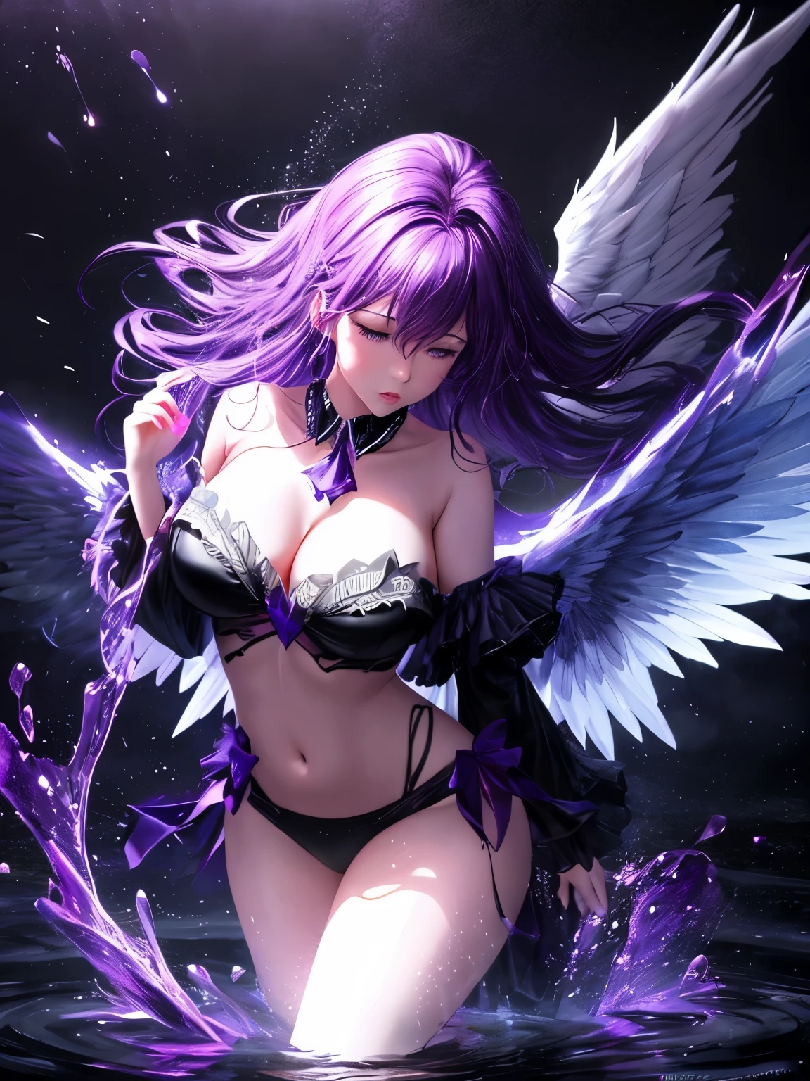 A striking image of an invisible angel with large wings standing under a torrential purple rain, with her silhouette only visible due to the thin layer of purple water forming her body shape. There are purple splashes all around her, creating a dynamic and dramatic scene. The background is pitch black, emphasizing the ethereal and mystical nature of the subject., illustration, photo, cinematic, 3d render, conceptual art