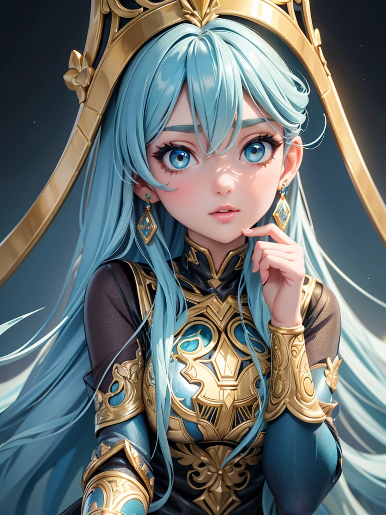 (best quality, high resolution, masterpiece:1.2), Super detailed, Beautiful and delicate lake green eyes, Beautiful and delicate lips, extremely detailed face, super long hair, 1 girl, Beautiful girl with aqua blue hair, Wearing a dark blue Luminous nun costume, (gold ornaments), ((golden and silver pattern)), (light blue pattern:1.37), (complex pattern:0.9), Lovely, attractive, portrait, delicate eyes, ancient  church, Luminous earrings, Reflective pupil, see-through clothing design, (empty:0.7), chiffon, (lace:0.7), black gloves, Cubist Futurism, anime, Cubist Futurism, anime, 8K, textured skin, UHD, ccurate, textured skin, super detail, UHD, ccurate