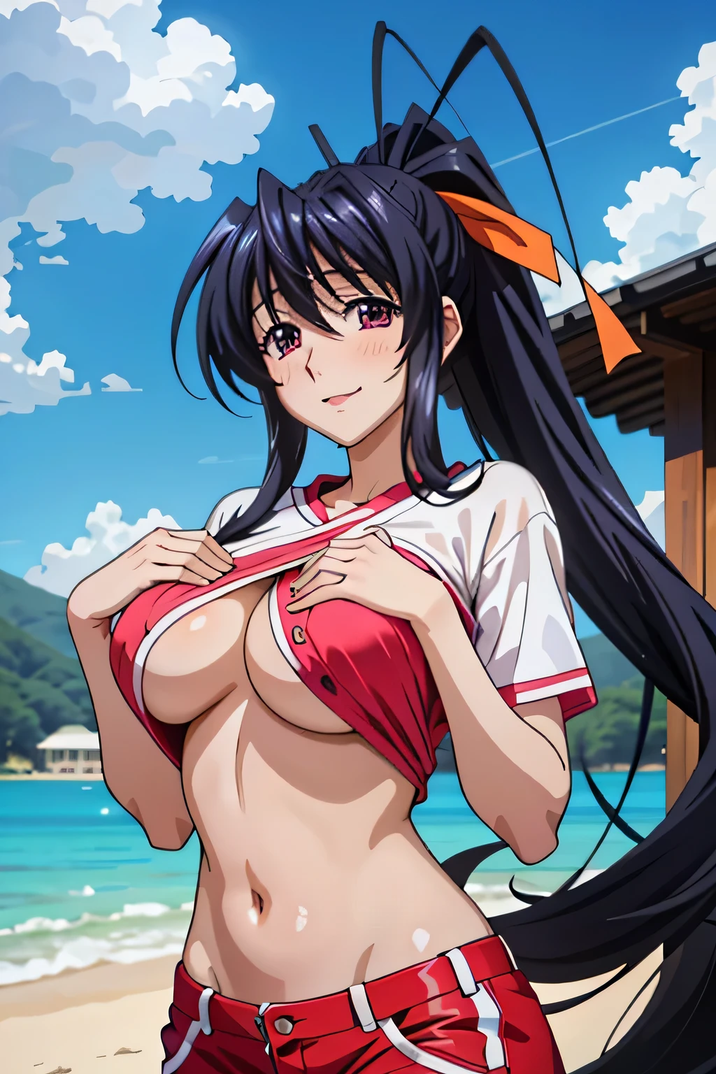 Himejima Akeno,long hair,blush,smile,one person、underboob、Oversized T-shirt、Flipping in the wind、hold your chest with your hands