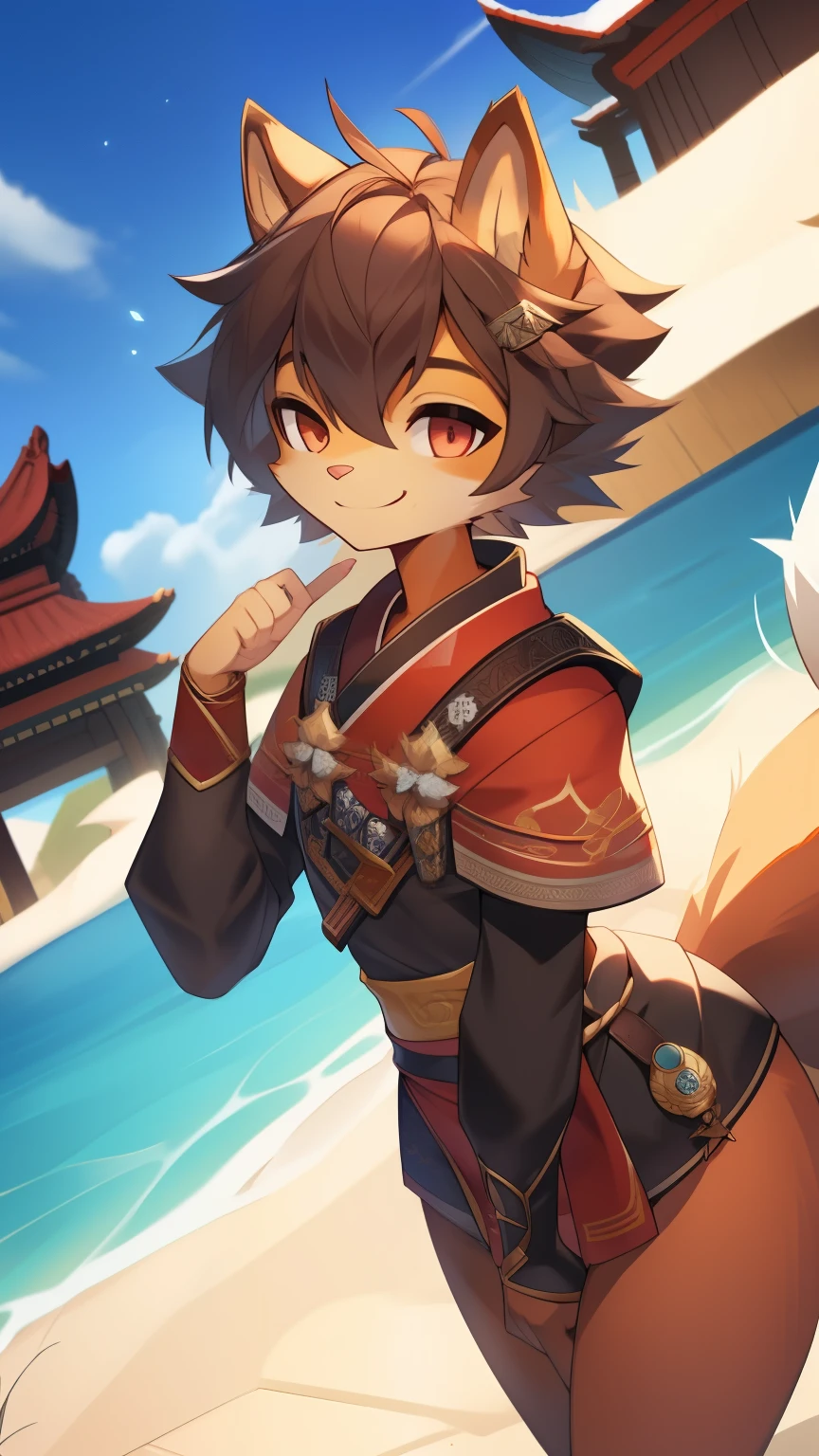 Best quality, Super detailed illustration, (fluffy squirrel boy:1.4) , feminine face and body, disheveled thick hair, Samurai Equipment, smug smile, half-closed eyes , femboy, small waist, wide hips, slim, perfect body, style "DND"