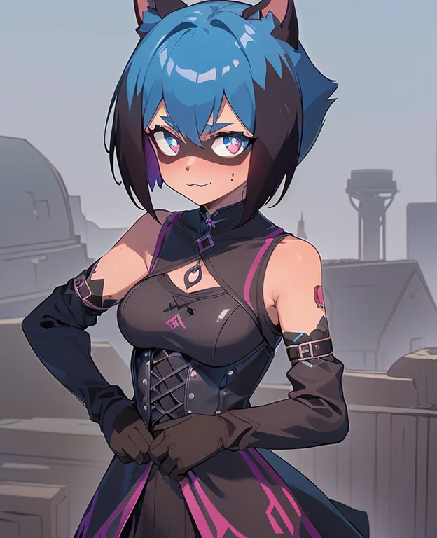 <lora:cike-09:0.8>Blue hair,white streaked hair, braids,Red eyes,Dark blue jacket,Brown top, black pants,Brown gloves, brown boots,brown belt((extremely realistic shading, masterpiece, extremely detailed, photorealistic))