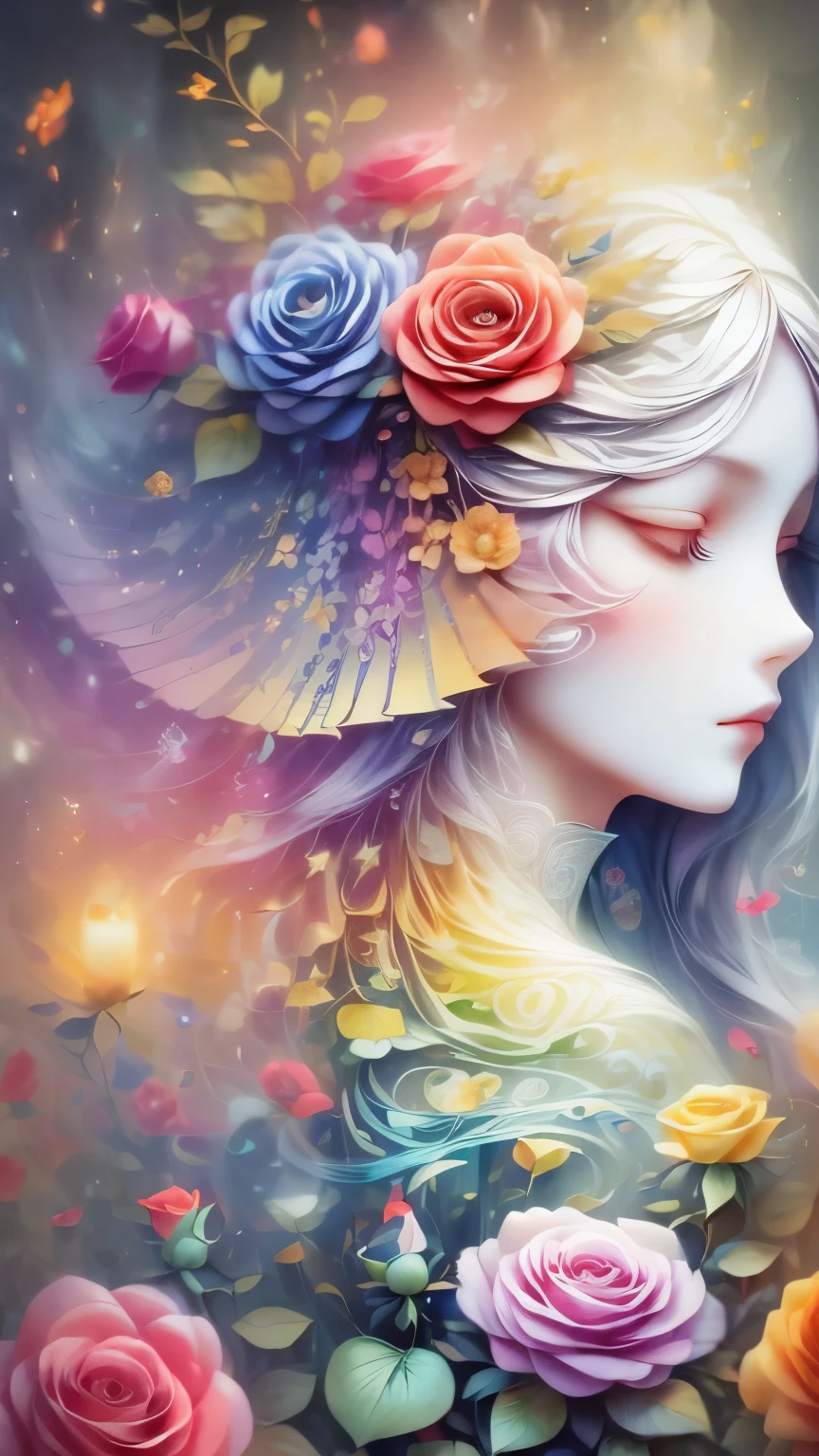 (Side face beauty,long colored hair,close eyes,masterpiece roses),Rainbow color background, (illustration:1.2,paper art:1.2, Zentangle:1.2, 3d rendering),(best quality, detailed details, masterpiece, official art, Lighting effects, 4K, chiaroscuro)
