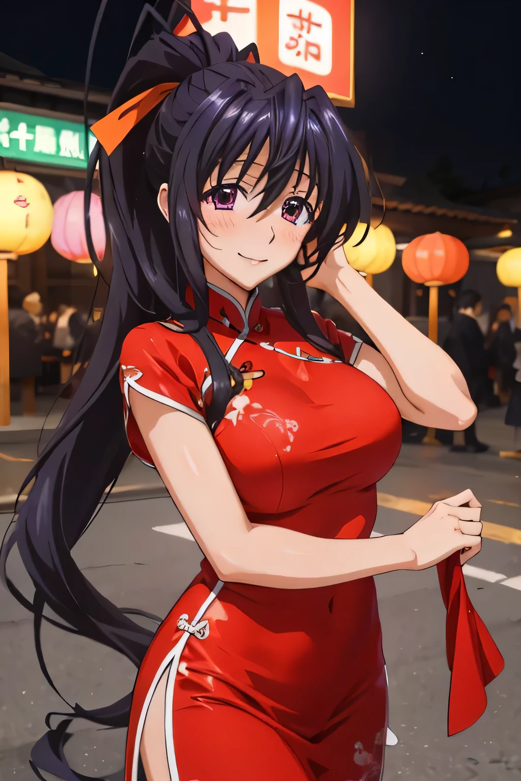 Himejima Akeno,long hair,blush,smile,one person、China dress
