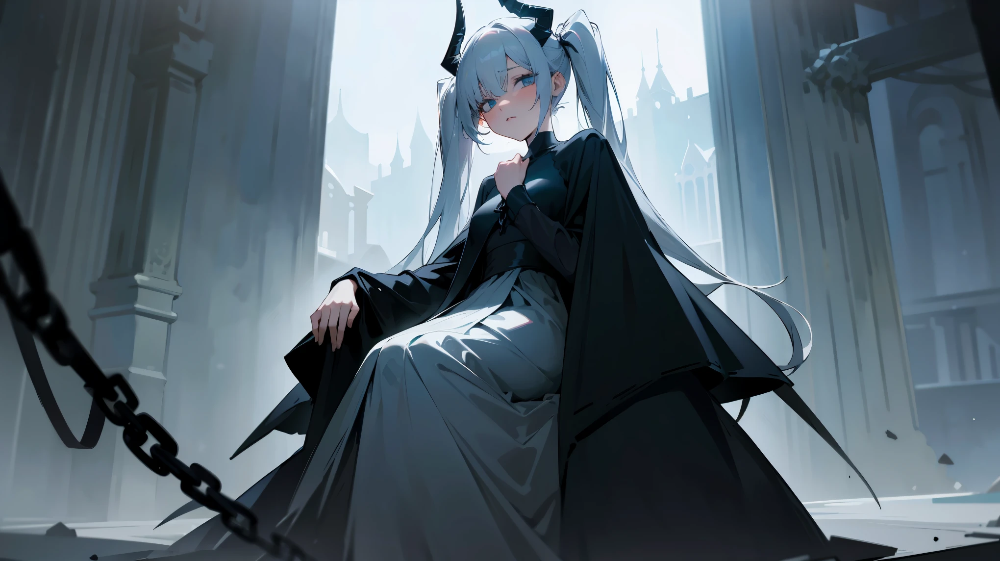 (best quality,highres,masterpiece:1.2),(flatten art:0.75), masterpiece, best quality, 1woman, Anime, darker environment, long twintail hair, black horn, straight white hair, black goth gown, (revealing cloth:1.5), thin clothes, enticing, night, dark, dark fantasy ruin hall, looking at viewer, solo, faint moonlight, enticing smile, close-up, sitting, seducing the viewer, cold face, (both hand chained upward)