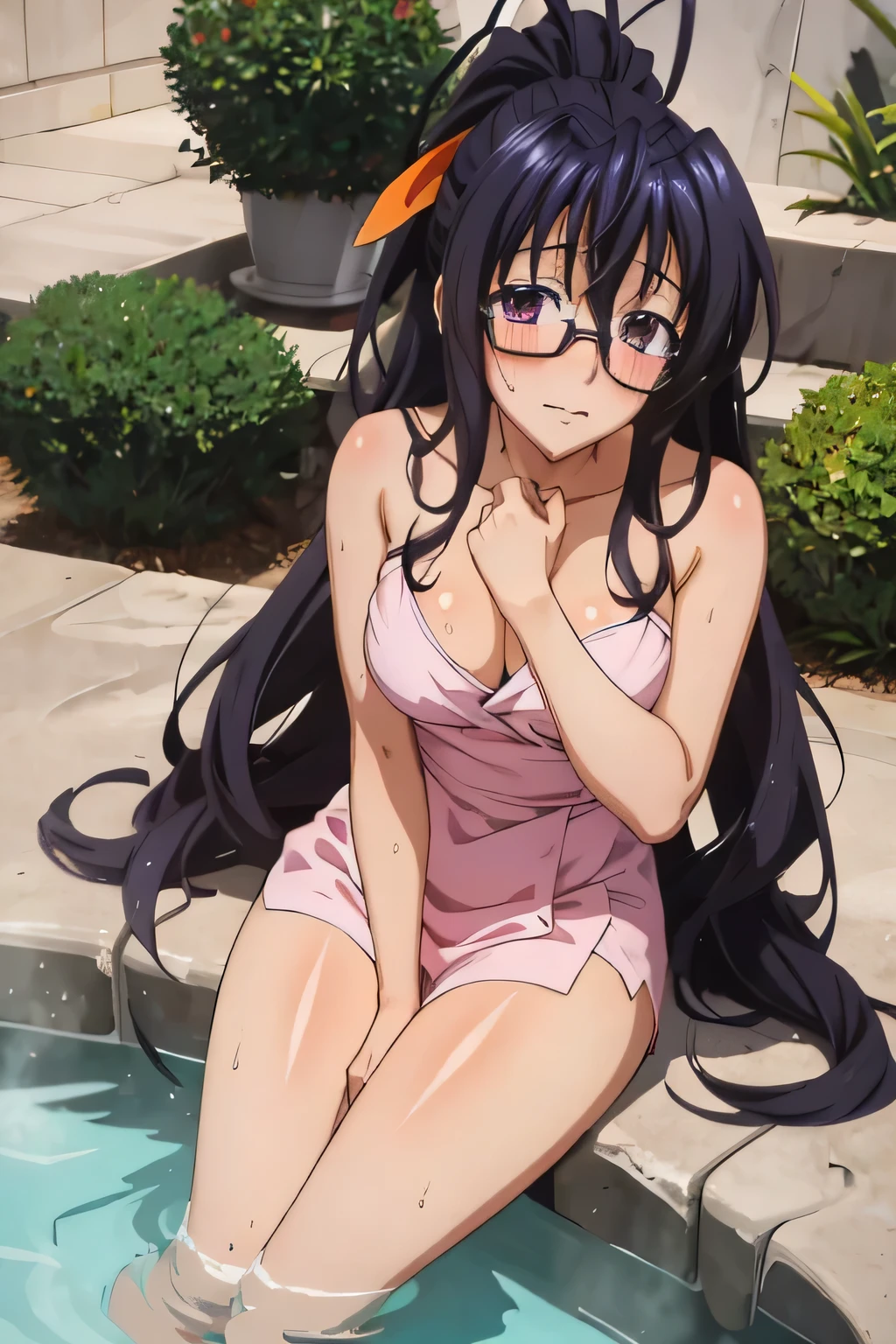 Himejima Akeno,long hair,blush,troubled face,one person,Glasses,bath towel、Taking a bath